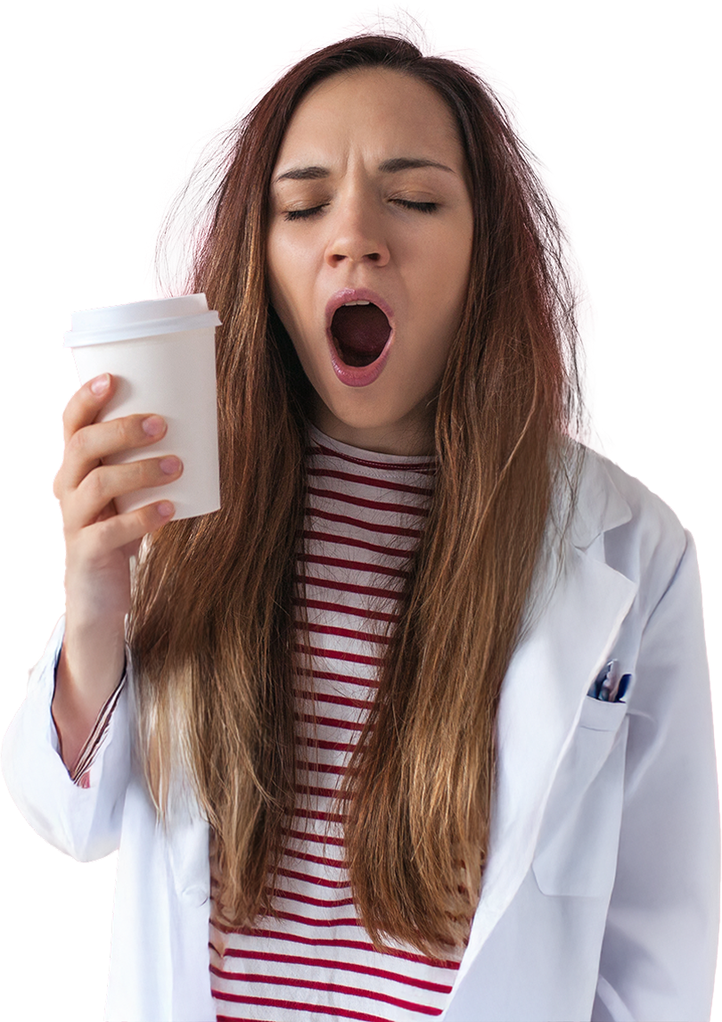 landing next generation - atención primaria 10 Doctora con café mostrando cansancio durante guardia