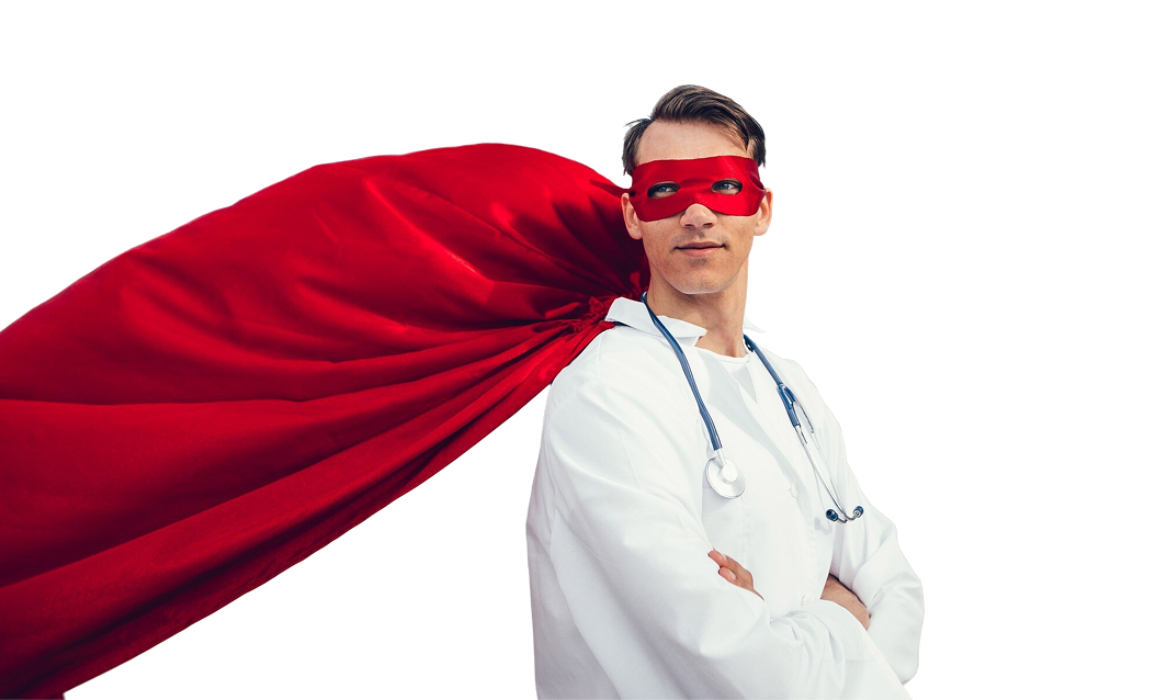 landing next generation - atención primaria 11 Doctor superhéroe con capa roja y máscara